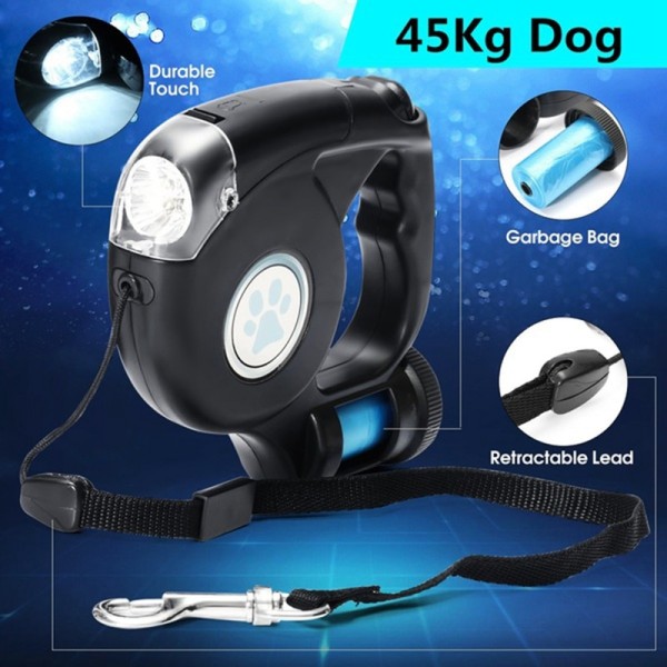 3in1 LED Retractable Dog Leash With Flashlight & Garbage Bag Holder