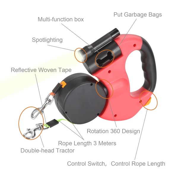 Double Retractable Dog Lead 360 Degree Rotating