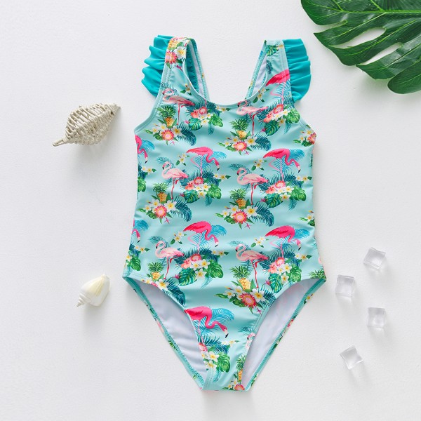 Tropical Flamingo Print 3-10T Baby and Little Girls One-Piece Swimwear Ruffle Shoulder