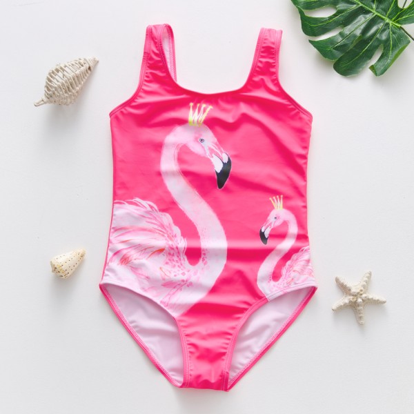 Lovely Cute 3-10T Kids Girls Flamingo Print One Piece Swimwear Swimsuits