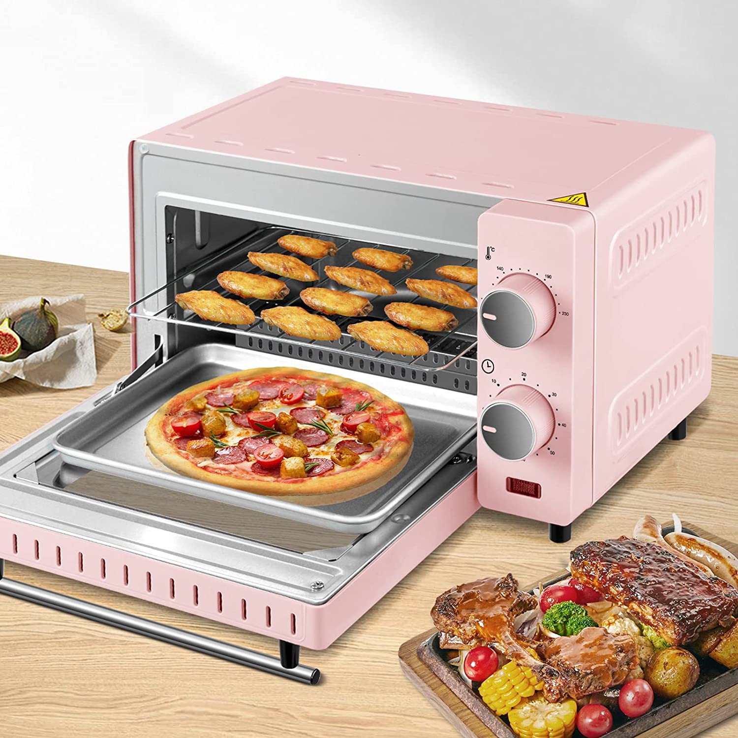 WOLTU Mini Oven 10 Litre, 650W Electric Oven, Small Table Top Oven, 100-230°C, 60 Min. Timer, with Baking Tray, Grill Rack, Removal Handle, Pink, BF10rs