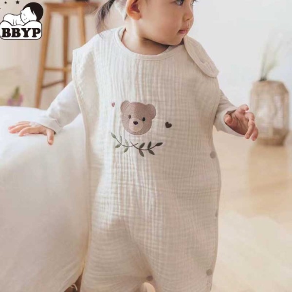 Cotton Bear Embroidery Muslin Baby Sleeping Bag Summer Anti-Kick Quilt