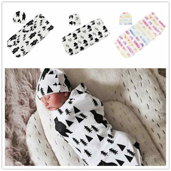 Black & White Print Newborn Baby Muslin Sleeping Bag Wrap Hat 2pcs New Born Set
