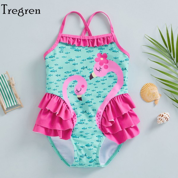 Toddler Flamingo Little Fish Print Sleeveless Ruffle Swimsuit