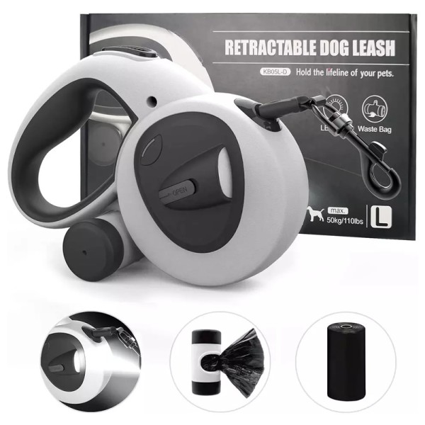 Automatic Retractable Dog Leash With Waste Bag Dispenser Led Light