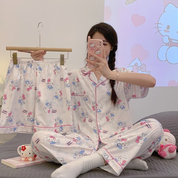 Lapel Milk Silk Hello Kitty for Women Clothing Sleepwear 3-Piece Set Material