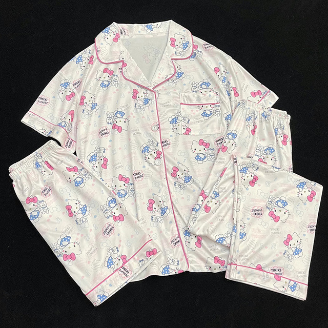 Lapel Milk Silk Hello Kitty for Women Clothing Sleepwear 3-Piece Set ...