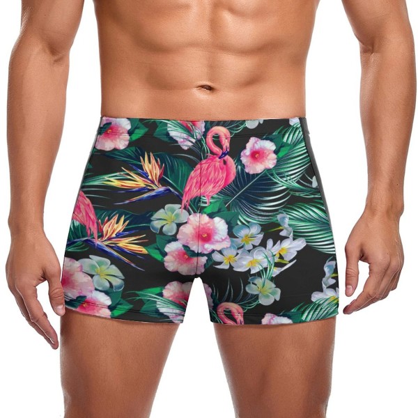 Forest Palm Leave Floral and Flamingo Print Swim Trunk Male