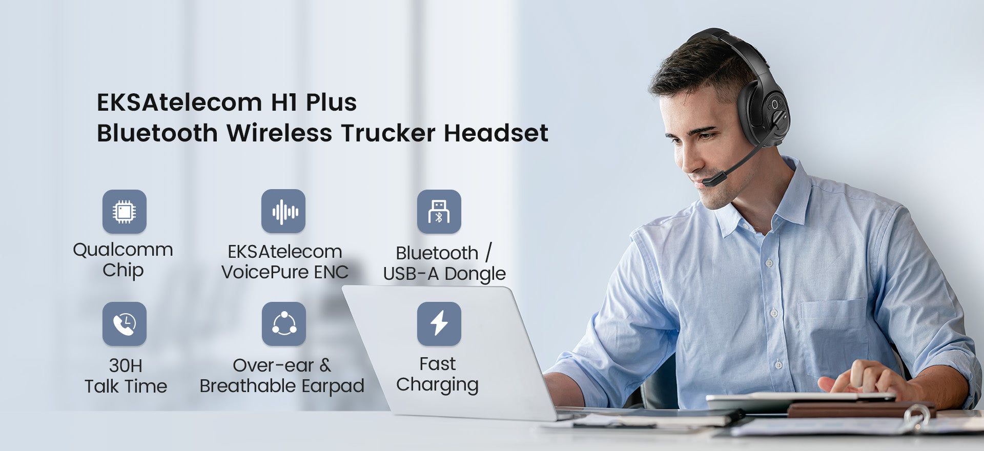 EKSA H1 Best Bluetooth Headset for Truckers with AI Noise Cancelling Mic