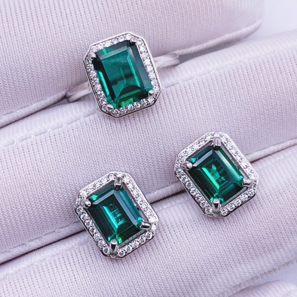 Rectangle Lab Growing Emerald Stud Earrings 925 Sterling Silver