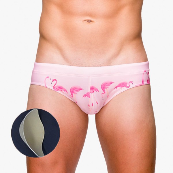 Stylish Pink Flamingo Print Men Swimwear Push Up Pad Swimwear