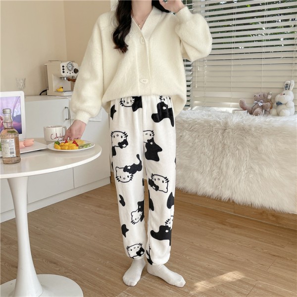 Women's Black White Hello Kitty Flannel Pajamas