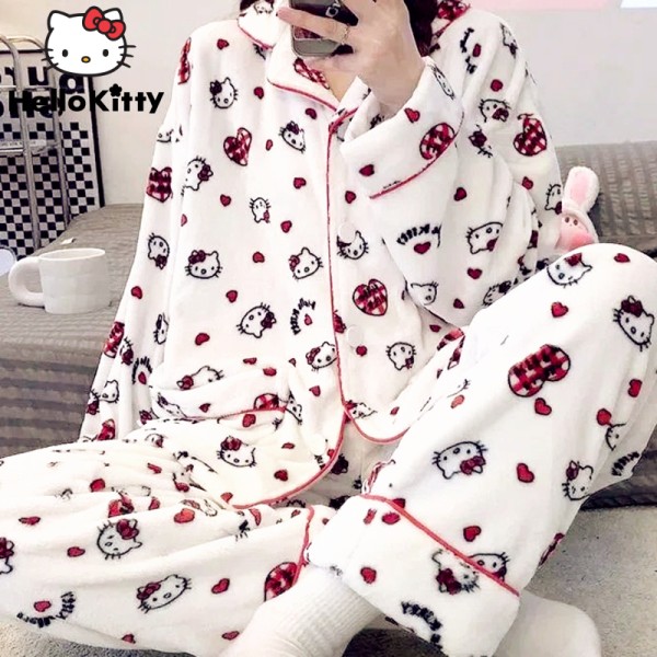 Hello Kitty Thicken Cotton Kawaii Cartoon Loose Pijamas Set For Women