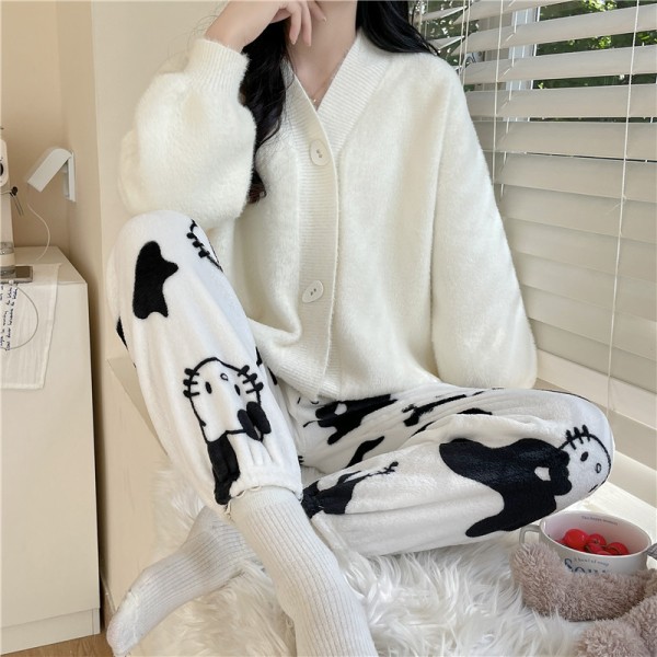 Women's Black White Hello Kitty Flannel Pajamas
