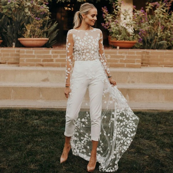 Elegant Tulle Wedding Jumpsuit With Sweep Train