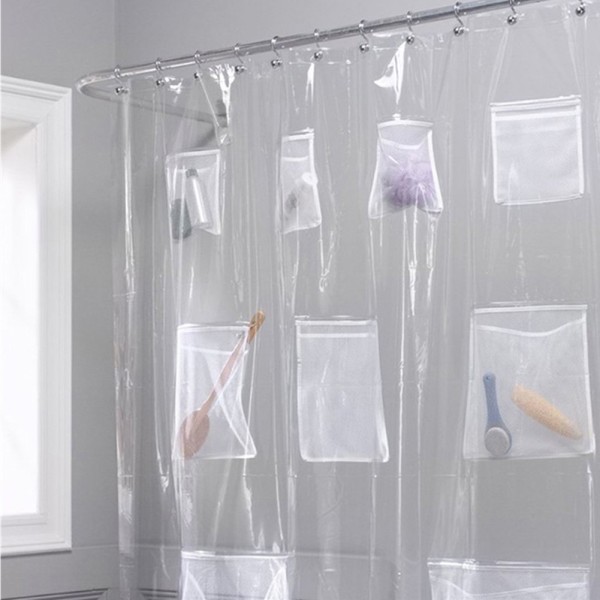 Waterproof Transparent Shower Curtain With Pockets