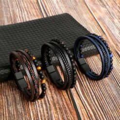 Men's Tiger Eye Beads Colorful Leather Bracelet
