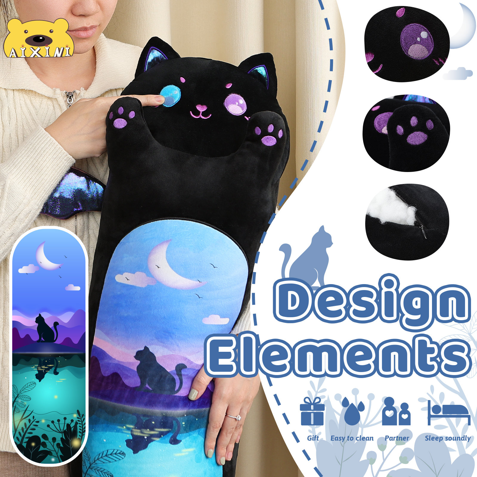 Moonlight Black Cat Long Plush Body Pillows Juhi