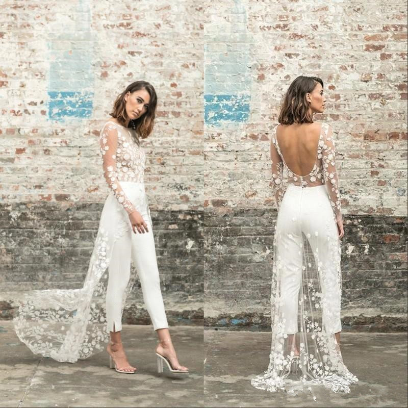 Backless Jumpsuits Wedding Dress For Brides With Train - Juhi