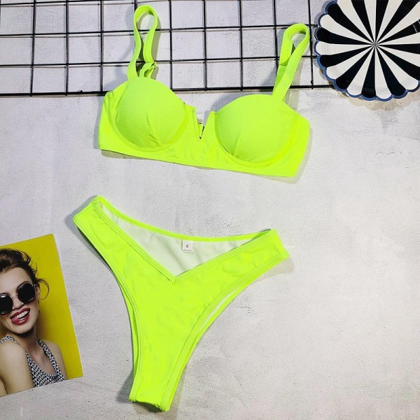 High Leg Cut Neon Green Bikini Push Up Swimsuit V Neck Bikini