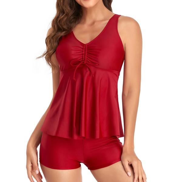 Solid Color & Floral Ruffle Hem Tankini Swimsuit With Boy Shorts