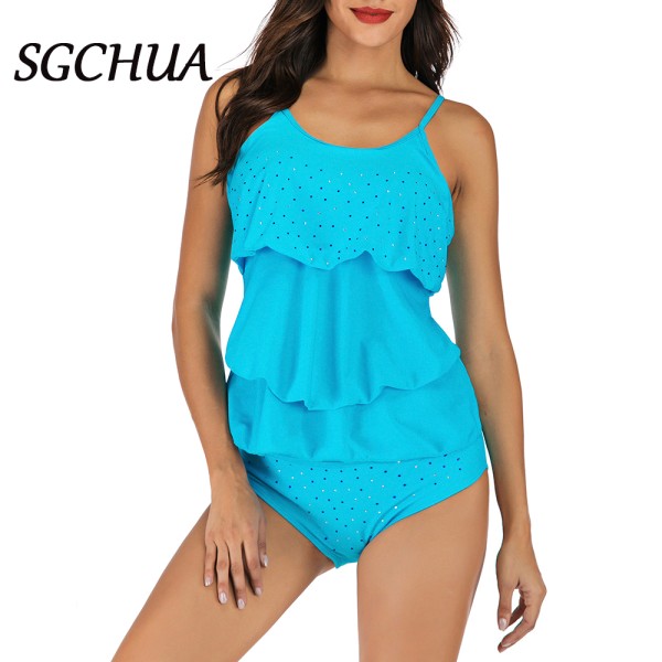 Solid Blue Ruffled Tankini Swimsuit With High Waist Boy Shorts