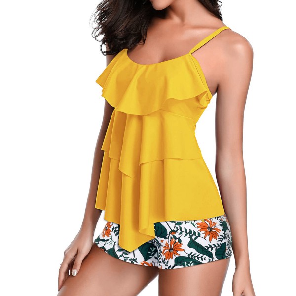Ruffle Floral Printed Push Up Tummy Control Bathing Suit & Shorts