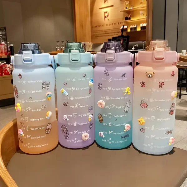 Kawaii Motivational Time Marker 2L Colorful Frosted Water Bottle With Straw