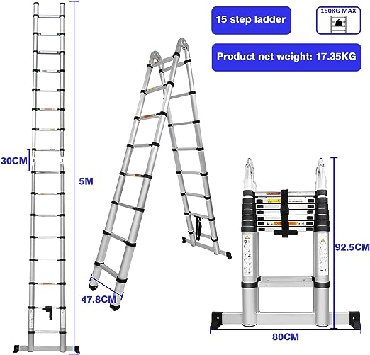 I recently had the pleasure of experiencing the A Frame Telescopic Ladder, and I'm thrilled to provide my insights in line with Google's product review guidelines. This ladder stands as a testament to reliability, versatility, and safety, making it an ideal choice for various household and outdoor tasks. Size and Compactness The A-Frame Telescopic Ladder boasts dimensions that cater to both usability and storage convenience. With an A-Frame ladder length of 2.5M+2.5M, it can easily transform into a straight ladder extending up to 5M (16.4FT). When it comes time to store or transport the ladder, its folded down height of 92.5cm ensures it fits seamlessly into tight spaces. Additionally, the inclusion of storage straps simplifies the process, allowing for easy handling and transportation. Sturdy and Dependable Crafted from high-quality aluminium, this ladder weighs approximately 17.5kg (38.5lbs). This material not only lends durability but also guarantees rust-proof performance. The ladder's robust build is further validated by its impressive load capacity of 150kg (330 pounds), ensuring stability and support for various tasks. Adaptable for Various Jobs The true beauty of this ladder lies in its multi-purpose design. Whether you're embarking on a painting project, cleaning windows, or indulging in other DIY household activities, this ladder's transformative abilities have you covered. Its capacity to shift between an A-Frame ladder and a straight ladder, accommodating different lengths, enhances its versatility. Enhanced Safety Features Security is paramount, and this ladder takes it seriously. With anti-slip rubber and a stabilizer bar at the bottom, it ensures stability on different surfaces, minimizing any risks of accidents due to slips or wobbles. The safety locking hinges provide an additional layer of reassurance, ensuring your well-being while you work. Effortless Operation Using this ladder is intuitive and straightforward. Extending the ladder involves simply pulling up a section until you hear a confirming "click" sound, ensuring the left and right locks are in place for stability. To retract, unlocking step by step is advised, and keeping your hands away from the steps prevents any inadvertent pinching. Final Impressions In conclusion, the A Frame Telescopic Ladder stands as a reliable tool that embraces usability and safety. Its size adaptability, secure design, and convenient operation make it a valuable addition to any household or outdoor setting. Whether you're a dedicated DIY enthusiast or a homeowner seeking a dependable ladder for various tasks, this product offers the perfect blend of versatility, security, and convenience. Elevate your projects with the A Frame Telescopic Ladder, a companion that assures both performance and peace of mind.