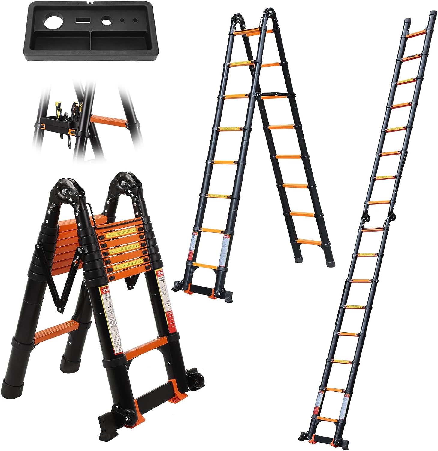 The 16.5FT Telescoping A-Frame Ladder has redefined my expectations when it comes to functionality, stability, and convenience. Features: The 2023 New Upgrade of this telescoping ladder truly stands out. With strengthened joints, a stabilizer bar, and wheels, it's taken durability, stability, and portability to a whole new level. Crafted from high-quality aluminum alloy, this ladder ensures excellent load-bearing and non-slip performance. The maximum load-bearing capacity of 330lb is impressive and provides peace of mind during various tasks. The anti-slip stable design is a game-changer. Equipped with a ladder stabilizer and wider stabilizer bar, this ladder guarantees stability during use, enhancing user safety. The non-slip foot cover offers a strong grip, allowing you to concentrate on your work without worrying about slipping. A standout feature is the removable tool platform. This ladder includes a convenient tool tray, eliminating the need for constant trips to retrieve tools. It's a testament to thoughtful design and practicality, enhancing both convenience and longevity. Pros: Upgraded Excellence: Strengthened joints, a stabilizer bar, and wheels elevate the ladder's durability, stability, and portability. Stable and Secure: The ladder's anti-slip design, ladder stabilizer, and wider bar ensure a safe and stable experience, even during demanding tasks. Convenience Redefined: The removable tool platform simplifies work by keeping tools within reach, enhancing efficiency and prolonging the ladder's life. Versatile Utility: This ladder transforms into an A-Frame ladder or a 16.5FT straight ladder, making it suitable for various tasks from decorating to outdoor projects. Effortless Mobility: The inclusion of two wheels and a retractable design makes moving and storing the ladder a breeze, saving both effort and space. Cons: In my experience, the 16.5FT Telescoping A-Frame Ladder has met and exceeded its promises. I haven't encountered any downsides. Final Thoughts: The 16.5FT Telescoping A-Frame Ladder is a revelation for anyone seeking a ladder that's truly versatile, durable, and safe. Its enhanced features, such as the stabilizer bar, wheels, and tool platform, demonstrate a commitment to user comfort and convenience. Whether it's for home projects, outdoor activities, or even RV travels, this ladder proves its worth. The combination of strength, stability, and thoughtful design has made it an indispensable addition to my toolkit. I wholeheartedly recommend the 16.5FT Telescoping A-Frame Ladder to anyone in need of a ladder that goes above and beyond expectations.`