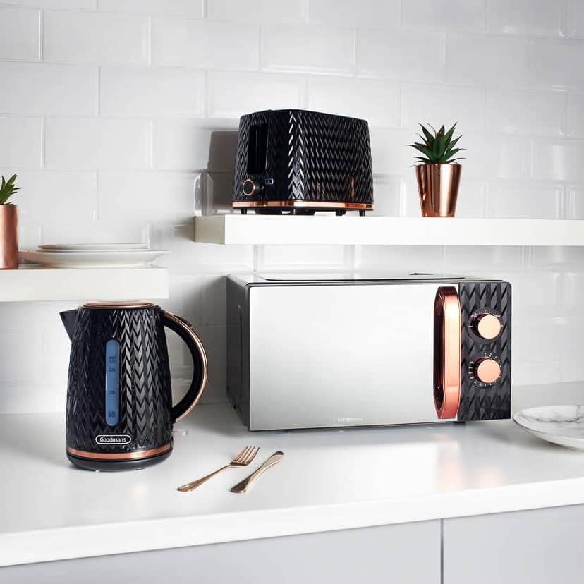 AJ Goodmans Kitchen Set Microwave, Toaster & Kettle Black & Rose Gold 