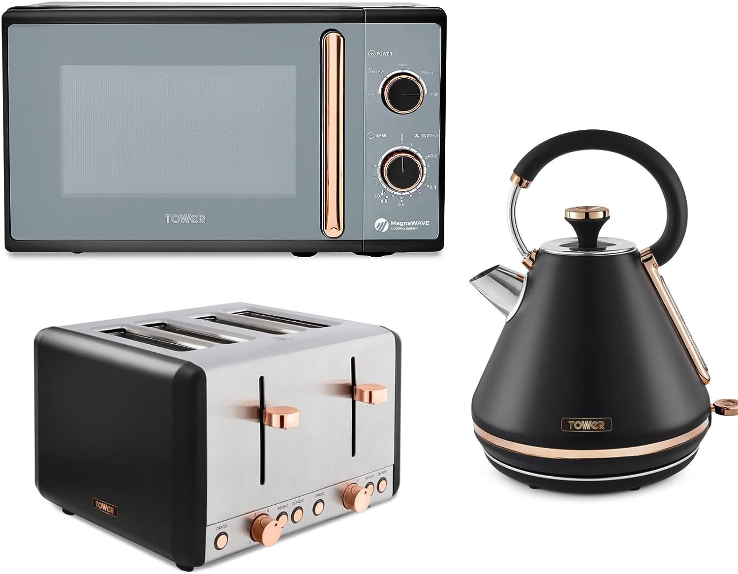 Tower Cavaletto Black & Rose Gold 3KW 1.7L Pyramid Kettle, 4 Slice 1800W Toaster & 800W 20L Microwave