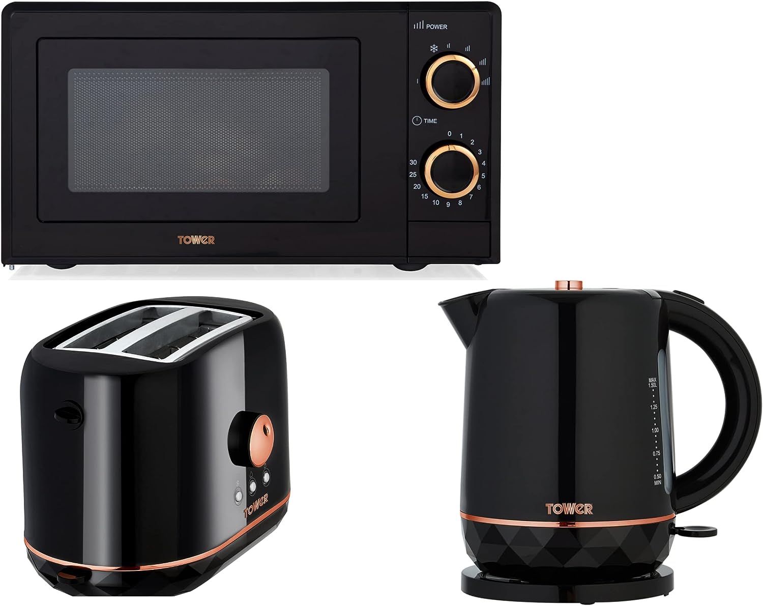 TOWER Rose Gold & Black 1.5L 2200W Kettle, 2 Slice 870W Toaster & 700W 20L Microwave