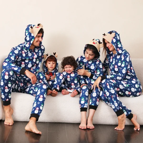 Blue White Printed Winter Christmas Pajamas for Family