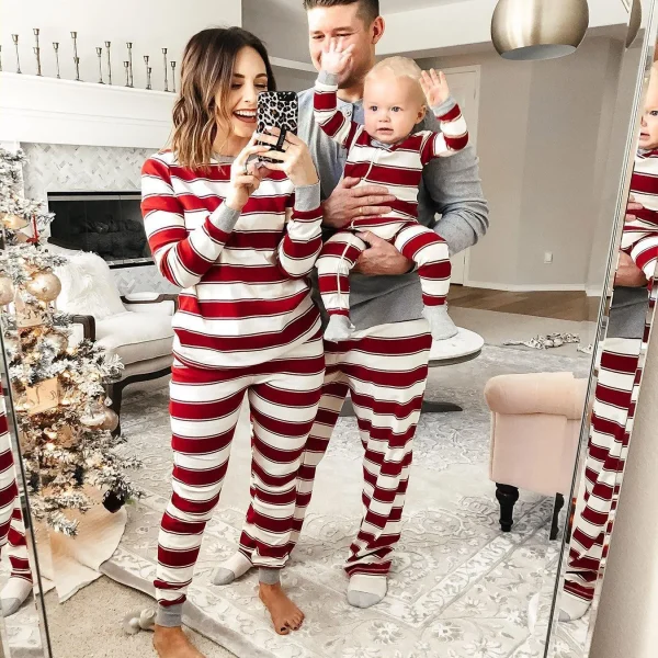 White & Red Striped Print Winter Family Christmas Pajamas Set