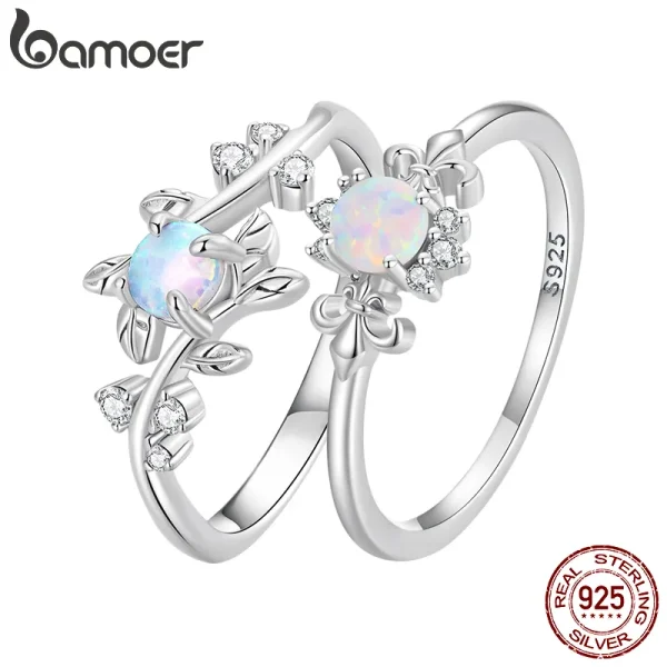Elegant Silver Leaf White Opal Rings 925 Sterling