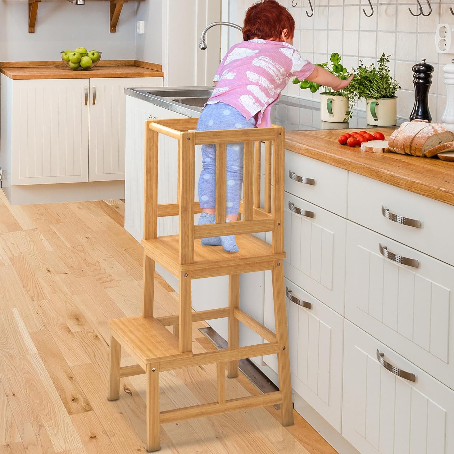 COSYLAND Kitchen Nursery Step Stool: A Safe and Empowering Addition for Your Child Introducing the COSYLAND Kitchen Nursery Step Stool, a remarkable addition to your home that not only elevates your child to new heights but also fosters independence, self-esteem, and confidence. This standing tower for kids is designed to be a true mothers' helper, ensuring that your child is safely by your side during cooking or while performing other activities. Let's delve into the features and benefits that make this learning stool a top choice for parents. Multifunctional Design The COSYLAND standing tower is a versatile piece of equipment. It empowers your child by raising them to the height of the work surface, allowing them to actively participate in cooking and other household tasks. As your little one accompanies you, they learn essential life skills and develop a sense of independence and self-confidence. Beyond the kitchen, this toddler standing tower can be placed in the bathroom, encouraging children to brush their teeth independently while reinforcing self-esteem. Solid Bamboo Material The foundation of this learning stool is crafted from natural bamboo material, making it not only durable but also structurally superior to conventional plastic or wooden stools. To ensure its safety and hygiene, it is thoughtfully coated with a smooth, non-toxic, lead-free finish. The choice of bamboo aligns with sustainability, as it's a renewable resource that adds an eco-friendly touch to your home. Safety First with Anti-Slip Design COSYLAND places paramount importance on safety. The kitchen stool features a clever "A" shape design, enveloped by four-sided safety rails, ensuring your child remains secure at all times. The four corners of the step stool are equipped with robust non-slip silicone mats, effectively minimizing the risk of slipping or falling. You can be confident that your child is protected while exploring their newfound independence. Easy Installation and Support Worried about assembly? Don't be. The COSYLAND Kitchen Nursery Step Stool comes with all the necessary installation tools, and each part, including screws, is conveniently numbered for straightforward assembly. If you encounter any challenges during setup, our support team is readily available to provide guidance and assistance. We are here to ensure your child's safety and your peace of mind. Impressive Load-Bearing Capacity This kitchen nursery helper is suitable for toddlers aged 18 months to 3 years and boasts an impressive load-bearing capacity of 150 lbs. In fact, our product has been professionally tested and has demonstrated the strength to bear the weight of an adult. You can rest assured that this learning stool will stand the test of time, adapting to your child's developmental needs. In conclusion, the COSYLAND Kitchen Nursery Step Stool is a remarkable addition to your home, offering safety, durability, and endless opportunities for your child to develop essential life skills. Fostering independence, self-esteem, and confidence, this learning stool is a valuable investment in your child's growth. Elevate your child's world with COSYLAND today.