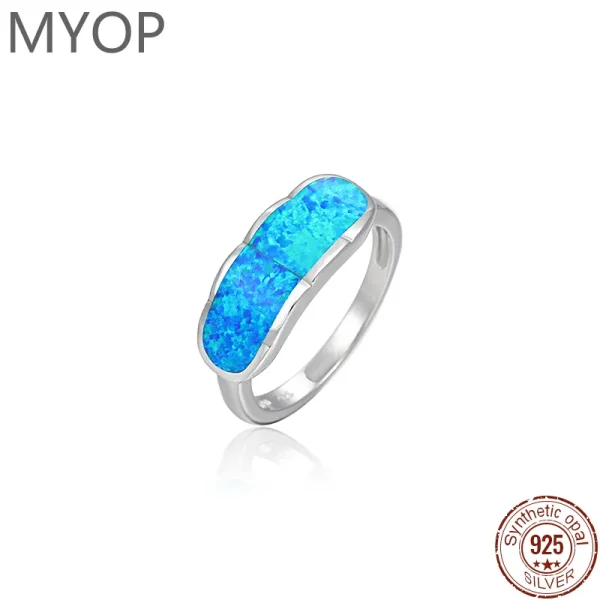 Blue Geometric Silver Opal Ring 925 Sterling