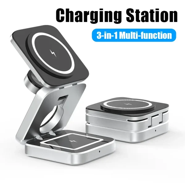 Magsafe 3 In 1 Foldable Magnetic Wireless Charger Stand For iPhone 15, 14, 13 Pro/Max/Plus, AirPods 3/2 Watch