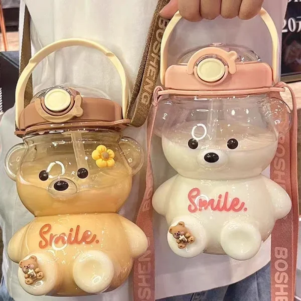 Kawaii Bear Kids Water Bottle Tumbler with Straw 1L