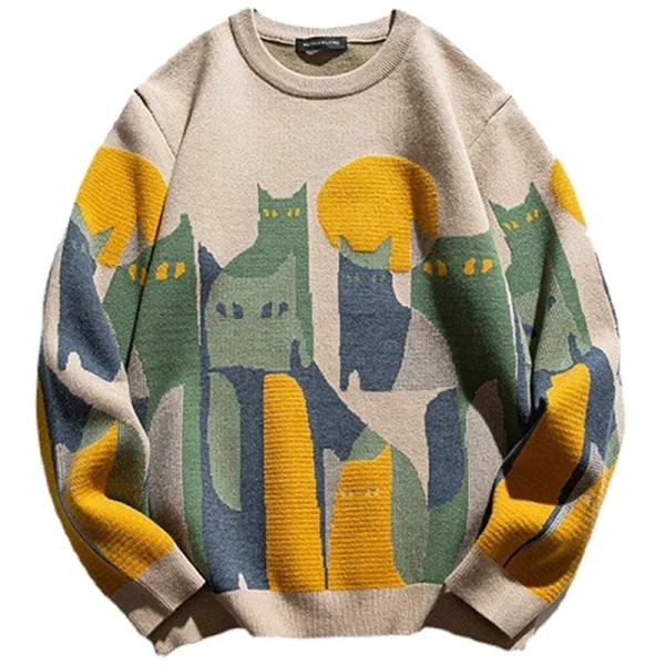 Vintage Cat Print Pullover Sweater