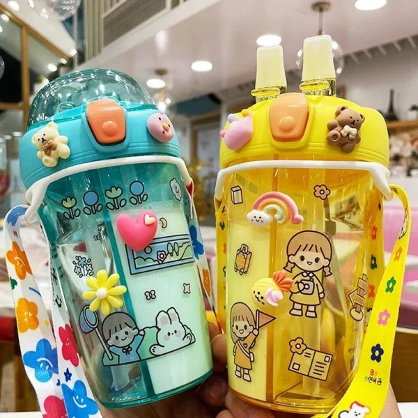Cartoon Print Lovely Kids Water Bottle Double Straw 430ML