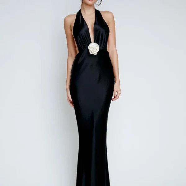 Backless Deep V-neck Satin Solid Evening Dress Clubwear