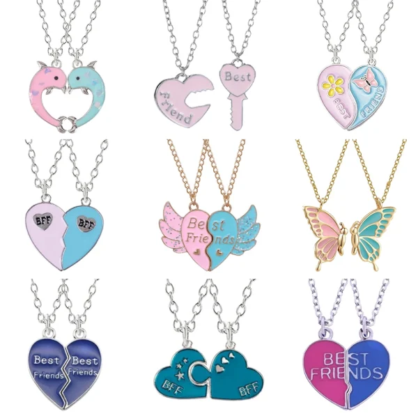 Friendship Necklaces with Split Pendants Heart Butterfly Shapes