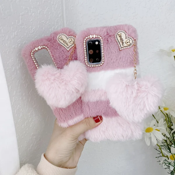 Plush Love Heart Pendant Rabbit Furry Case For Samsung Phones