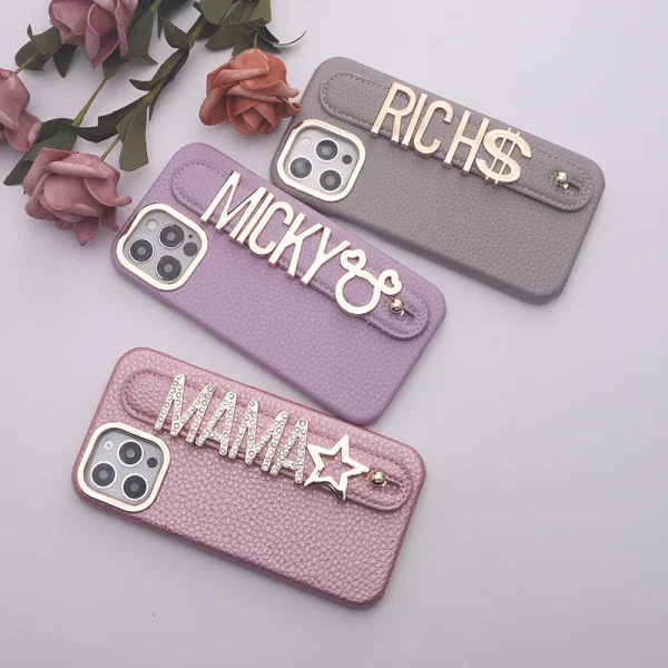 Luxury Leather Custom Name Gold Metal Letters Phone Case For iPhones