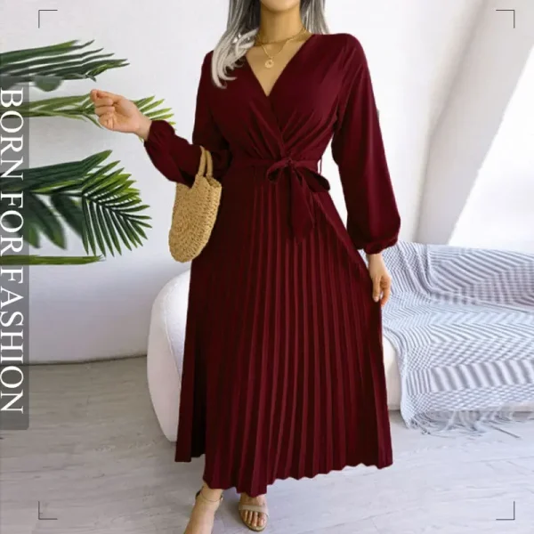 Elegant V Neck Long Sleeve Lace Up High Waist Dress