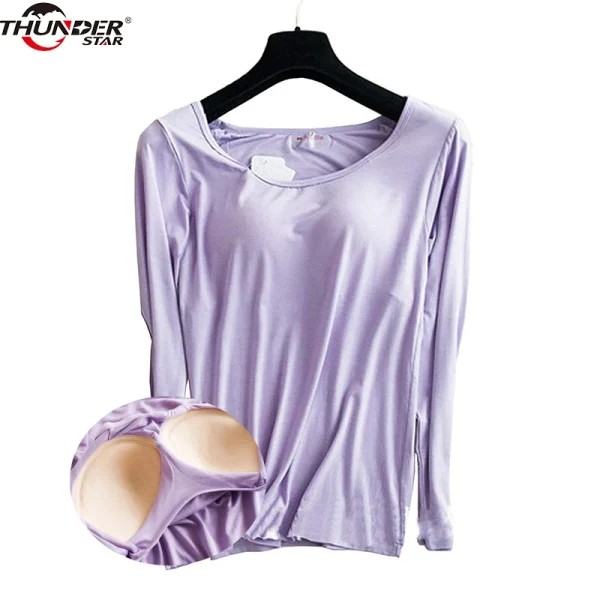 Full Sleeve O Neck Solid Tee Shirt Built in Bra