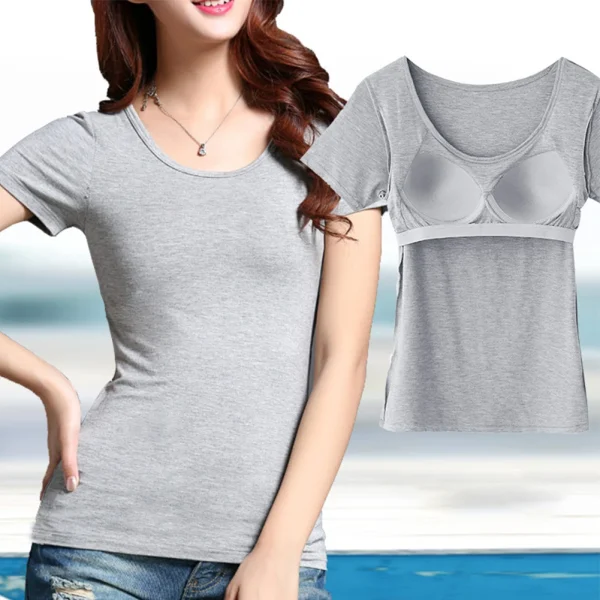 Round Neck Elastic T Shirt Short Sleeve Tops With Built In Bra