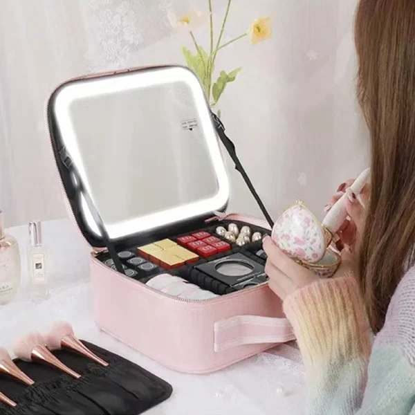 Waterproof LED Mirror PU Leather Portable Travel Makeup Bag